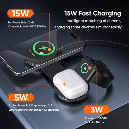 Fast 3-in-1 Wireless Charging Dock – Foldable & Compact