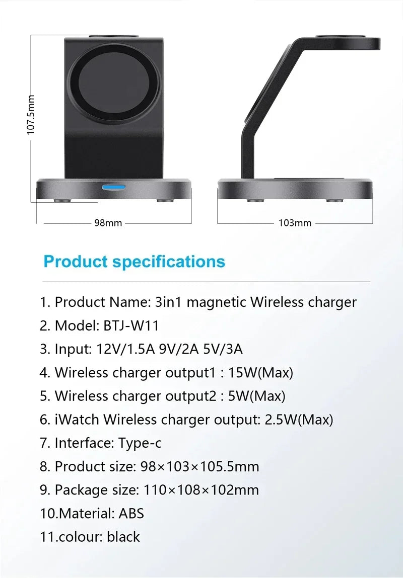 3 In 1 Magnetic Wireless Charger Stand For iPhone 16 15 14 13 Pro Max iWatch AirPods Station Dock MagSafe Fast Charging Station