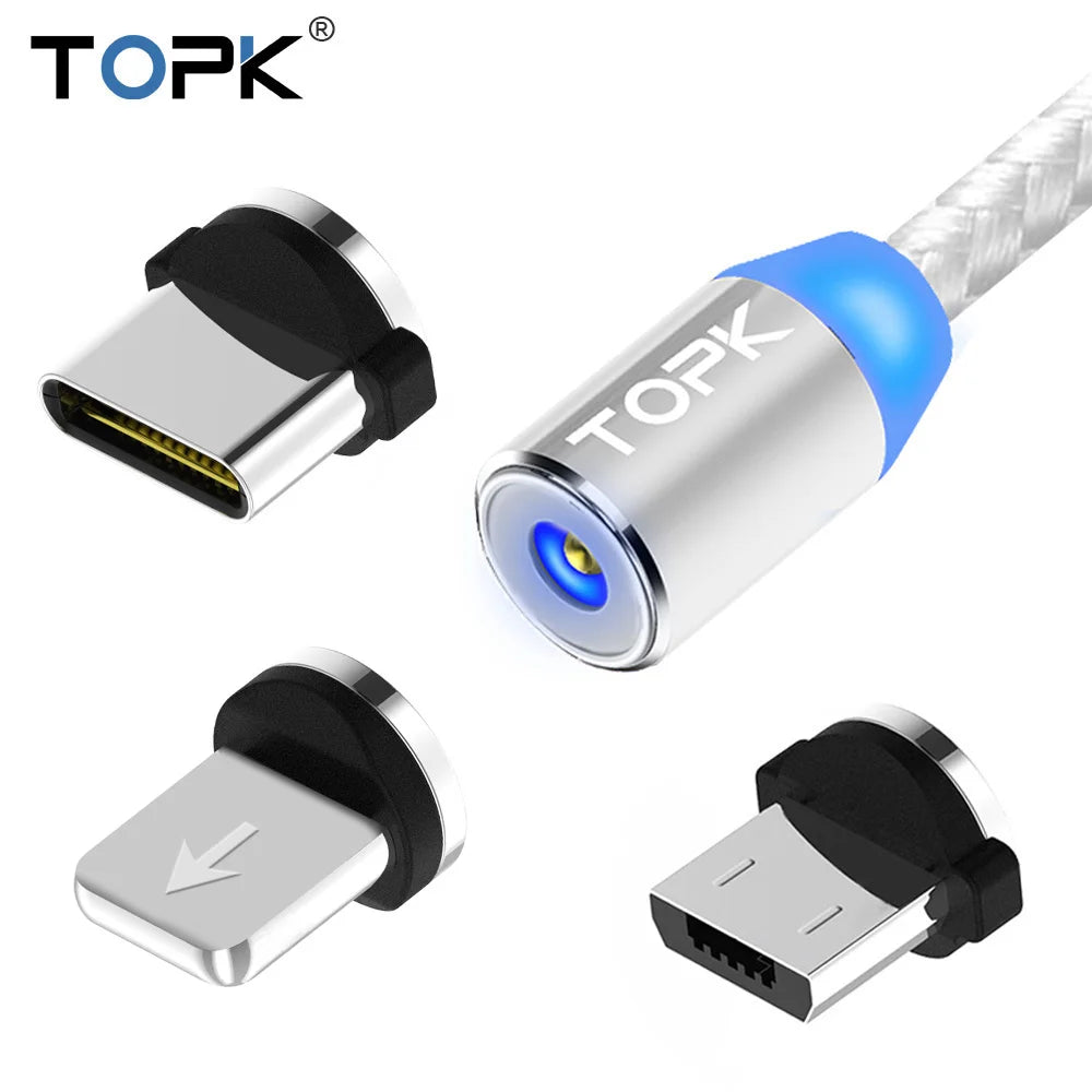 Magnetic Charging Cable 3 IN 1 TOPK 360 Degree Rotating Magnetic Phone Charger Cable Nylon Braided Magnetic Micro USB C Cable