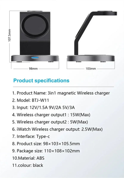 3 In 1 Magnetic Wireless Charger Stand For iPhone 13 14 15 16 Pro Max iWatch AirPods Station Dock MagSafe Fast Charging Station