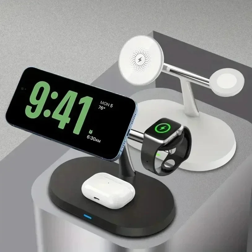 Magnetic 3-in-1 Wireless Charger 15W Fast Charging Stand for Smartphone, Smartwatch & Wireless Earbuds Portable Desktop