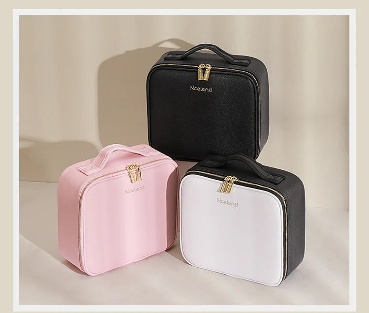 Travel Makeup Bag with LED Lighted Mirror 3 Color Scenarios Adjustable Brightness, with DIY Dividers, Toiletry Makeup Case Gift