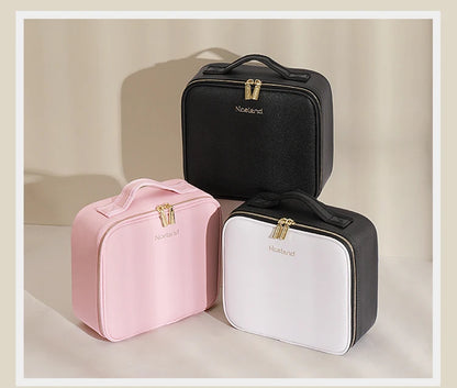 Travel Makeup Bag with LED Lighted Mirror 3 Color Scenarios Adjustable Brightness, with DIY Dividers, Toiletry Makeup Case Gift