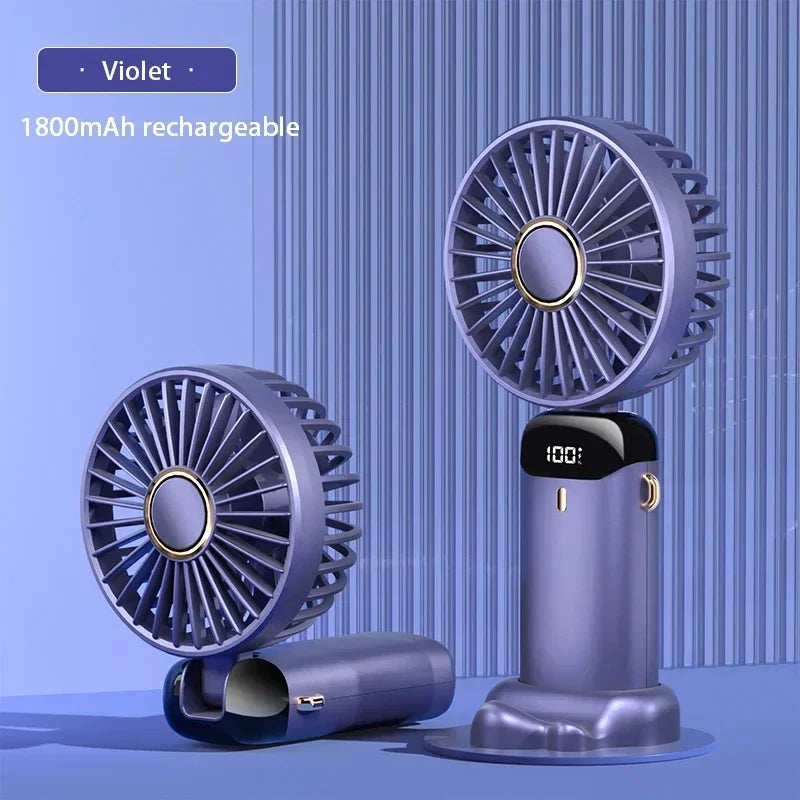 Portable Handheld Mini Fan Foldable Neck Hanging Fans 5 Speed USB Rechargeable Fan with Phone Stand and Display Screen 1800mAh