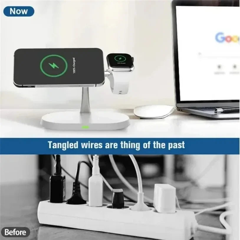 Magnetic 3-in-1 Wireless Charger 15W Fast Charging Stand for Smartphone, Smartwatch & Wireless Earbuds Portable Desktop
