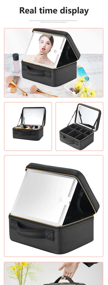 Smart LED Cosmetic Case With Mirror Travel Makeup Bag Large Capacity Female Beautician Skincare Product Makeup Case For Women