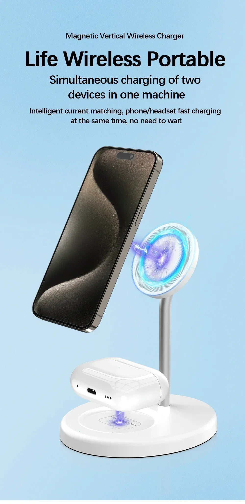 Desktop Magnetic 2 in 1 Wireless Charger Stand For iPhone17 16 15 14 13 12 Pro Max AirPod Pro Fast Phone Charging Station Holder