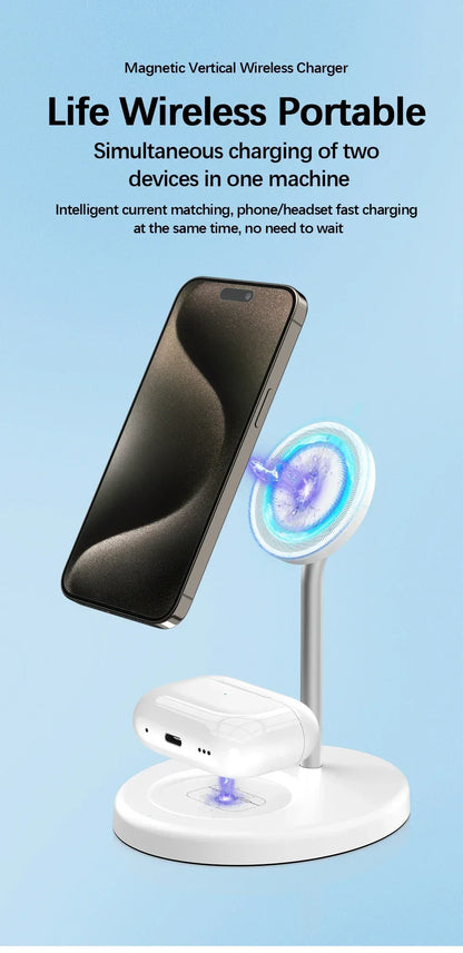 Desktop Magnetic 2 in 1 Wireless Charger Stand For iPhone17 16 15 14 13 12 Pro Max AirPod Pro Fast Phone Charging Station Holder