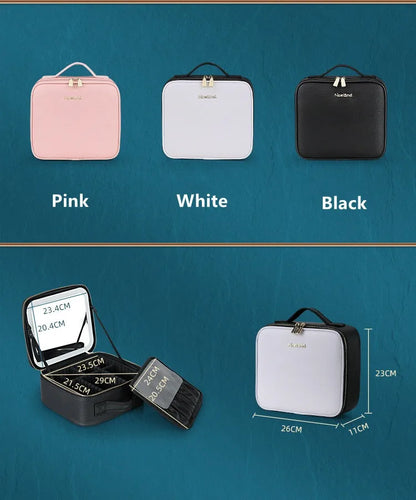 New LED Lighted Cosmetic Case with Mirror Waterproof PU Leather Portable Travel Makeup Storage Bags