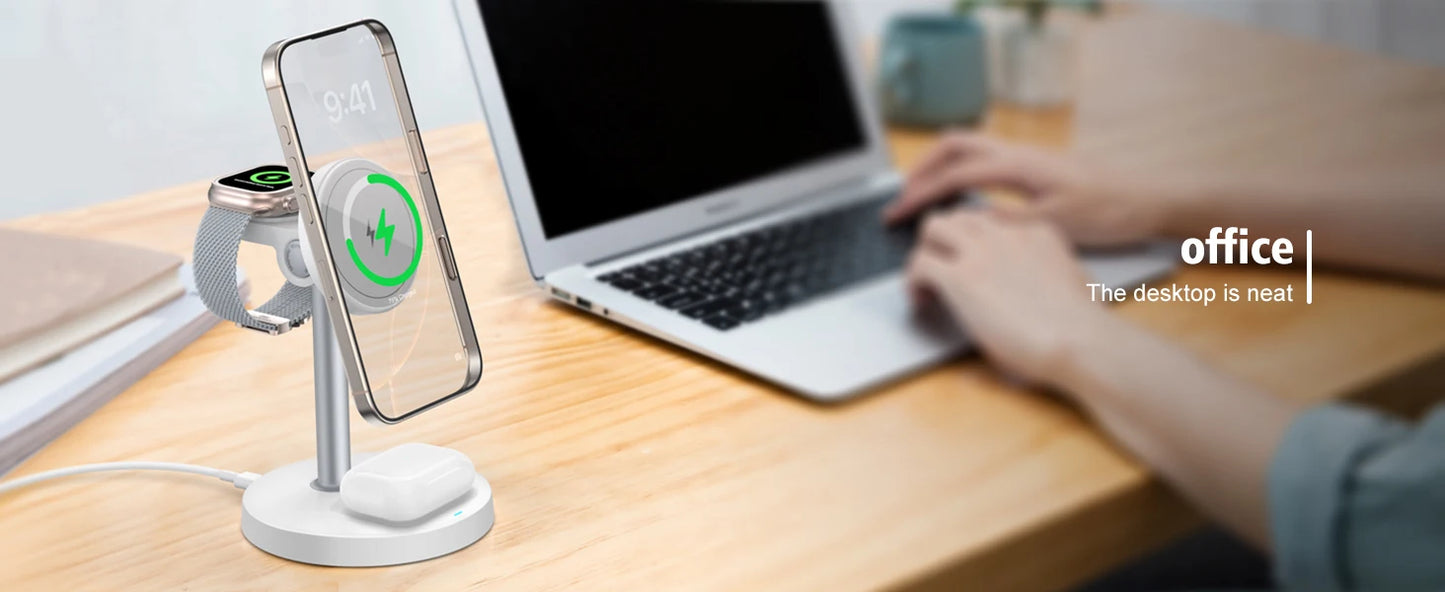15W Fast Wireless Charger Stand 3-in-1 Magnetic Wireless Charger For iPhone 12-16 Series iWatch And AirPods Adjustable Angle