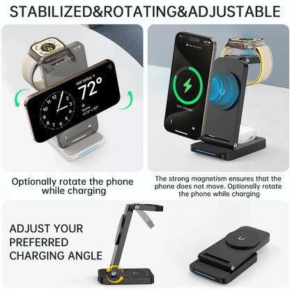 3 in 1 Foldable Magnetic Wireless Charger Stand  For iPhone 15 14 13 12 Pro Max Portable Phone Charging Station DockWrist Watch