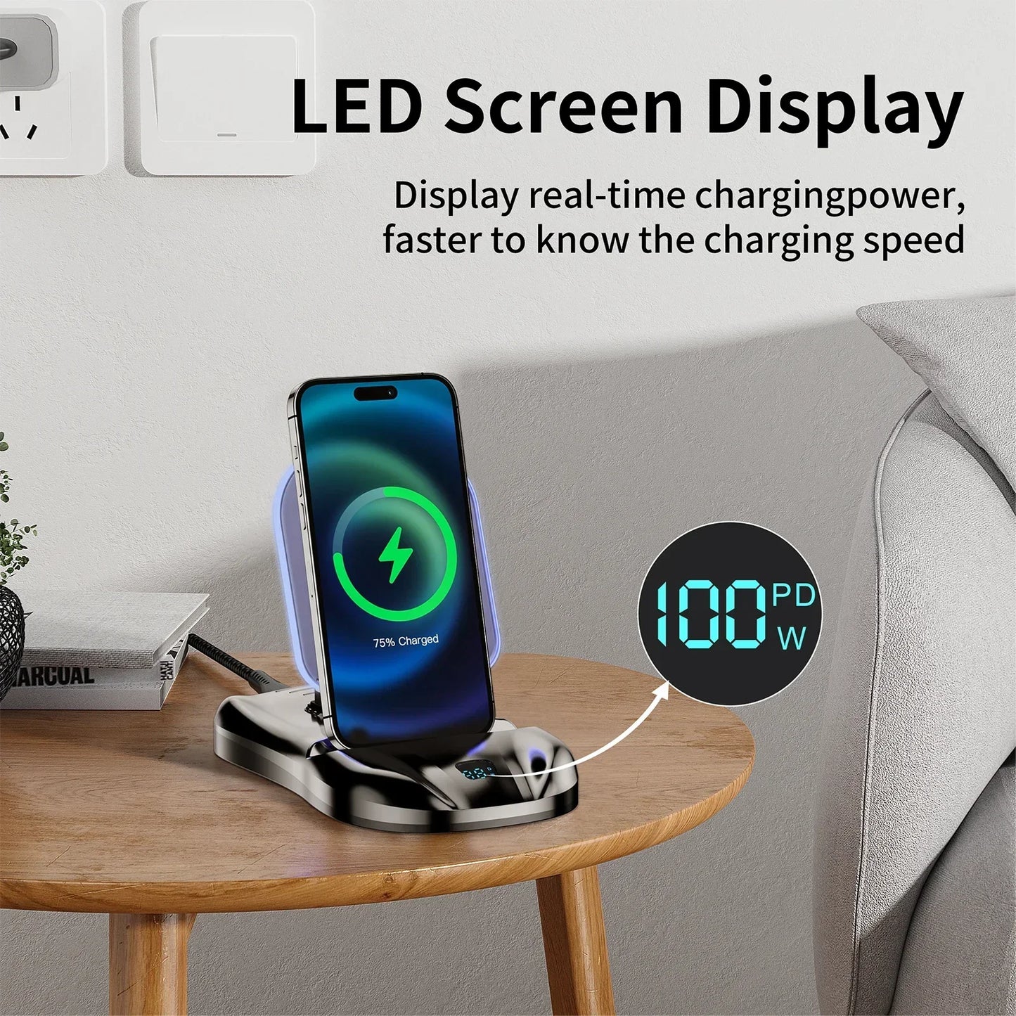 3 in 1 Magnetic Charging Stand 100W Fast Charger Phone Stand with USB-C Lightning Magnetic Charging Cable iPhone Charger airpods