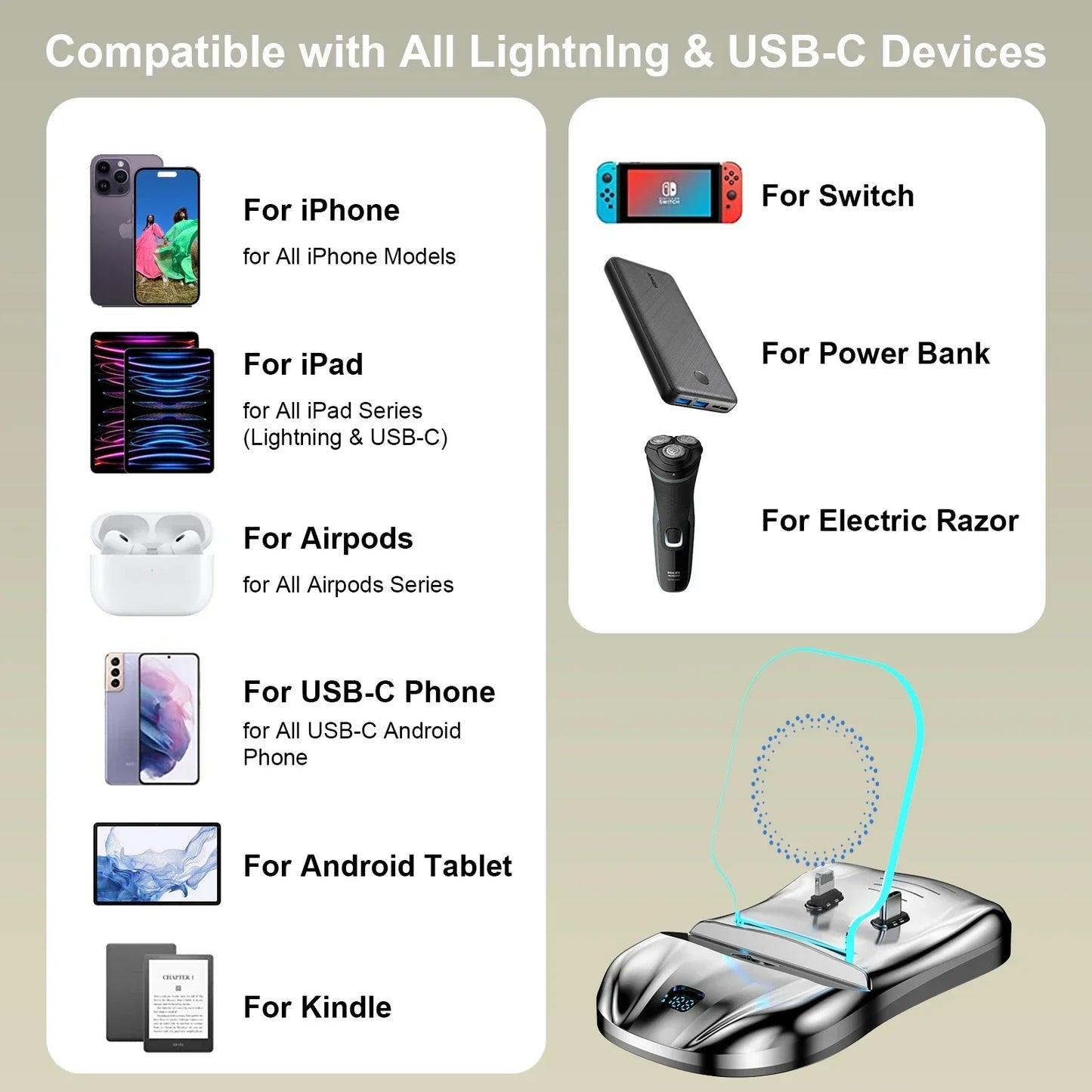 3 in 1 Magnetic Charging Stand 100W Fast Charger Phone Stand with USB-C Lightning Magnetic Charging Cable iPhone Charger airpods