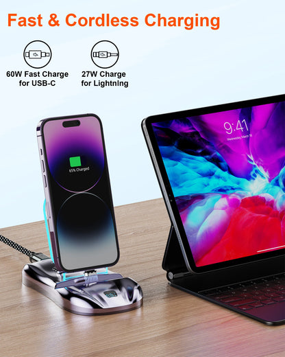 3 in 1 Magnetic Charging Stand 100W Fast Charger Phone Stand with USB-C Lightning Magnetic Charging Cable iPhone Charger airpods