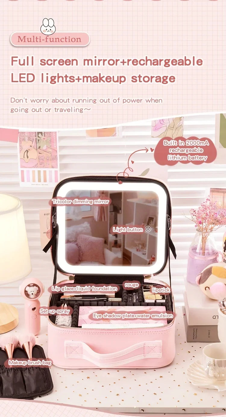 LED Lighted Travel Makeup Bag With Mirror Portable Waterproof Makeup Organizer Cosmetic Case, Birthday Gift For Girls Women