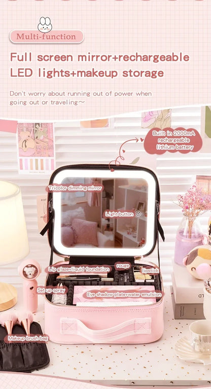 LED Lighted Travel Makeup Bag With Mirror Portable Waterproof Makeup Organizer Cosmetic Case, Birthday Gift For Girls Women