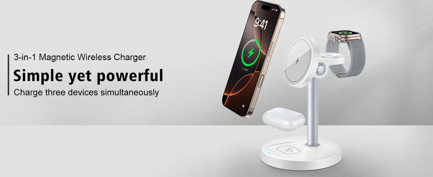 15W Fast Wireless Charger Stand 3-in-1 Magnetic Wireless Charger For iPhone 12-16 Series iWatch And AirPods Adjustable Angle