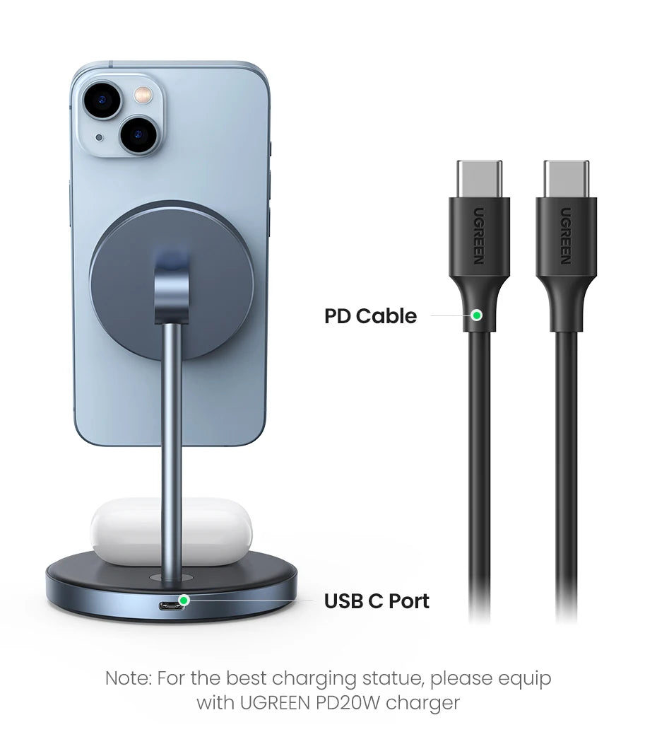 UGREEN Magnetic Wireless Charger Stand 7.5W 2-in-1 Charging Stand For iPhone 16 17 Pro Max/iPhone 14/AirPods Fast Charger