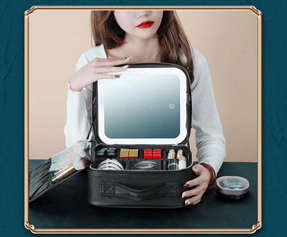 New LED Lighted Cosmetic Case with Mirror Waterproof PU Leather Portable Travel Makeup Storage Bags