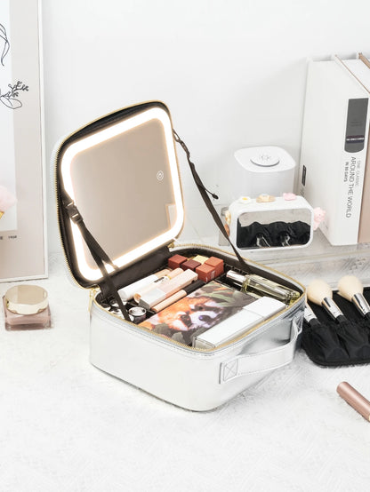 Travel Makeup Bag with LED Lighted Mirror 3 Color Scenarios Adjustable Brightness, with DIY Dividers, Toiletry Makeup Case Gift