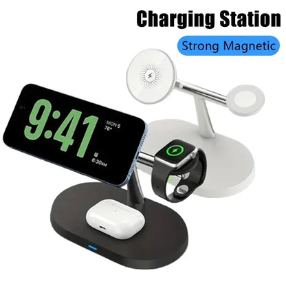 Magnetic 3-in-1 Wireless Charger 15W Fast Charging Stand for Smartphone, Smartwatch & Wireless Earbuds Portable Desktop