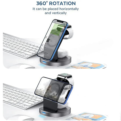 3 In 1 Magnetic Wireless Charger Stand For iPhone 16 15 14 13 Pro Max iWatch AirPods Station Dock MagSafe Fast Charging Station