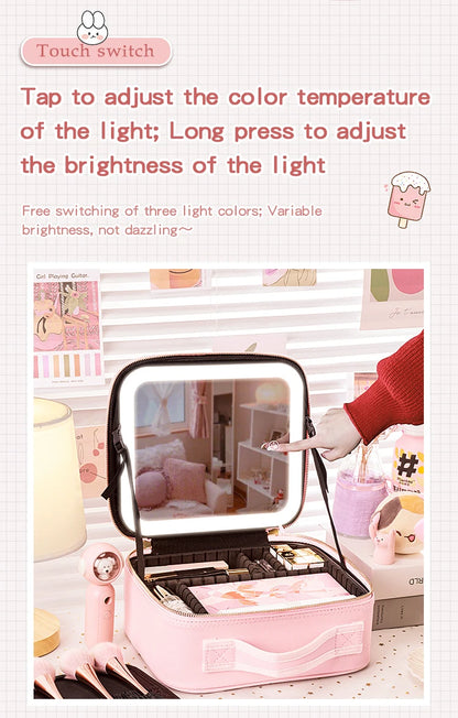 Travel Makeup Bag with LED Lighted Mirror 3 Color Scenarios Adjustable Brightness, with DIY Dividers, Toiletry Makeup Case Gift