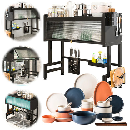 Kitchen Drain Shelf 3-Tier Multi-Functional Kitchen Storage Rack Kitchen Sink Organizer Large Over The Sink Dish Rack with Cover