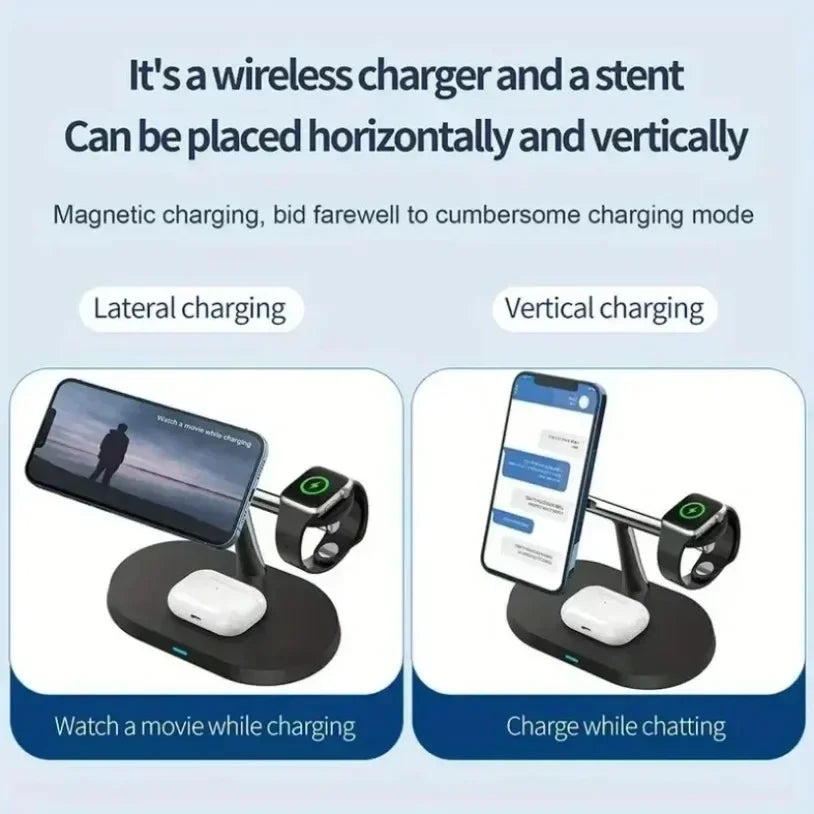 Magnetic 3-in-1 Wireless Charger 15W Fast Charging Stand for Smartphone, Smartwatch & Wireless Earbuds Portable Desktop
