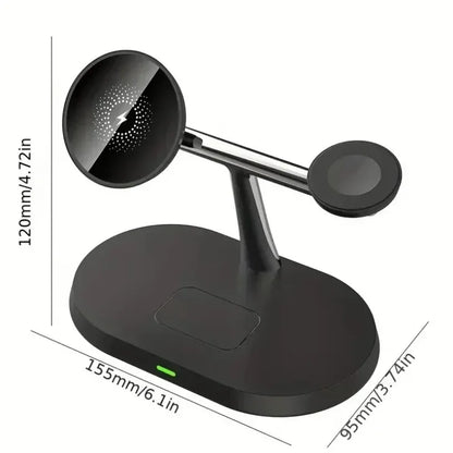 Magnetic 3-in-1 Wireless Charger 15W Fast Charging Stand for Smartphone, Smartwatch & Wireless Earbuds Portable Desktop