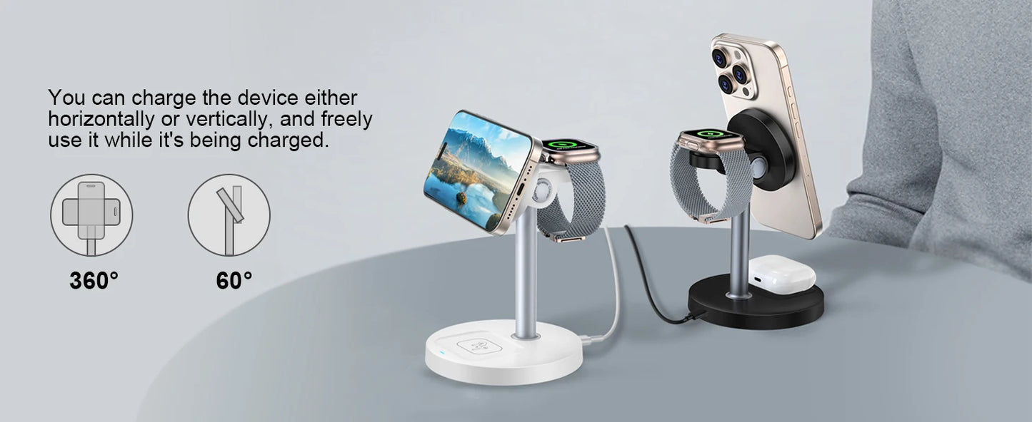 15W Fast Wireless Charger Stand 3-in-1 Magnetic Wireless Charger For iPhone 12-16 Series iWatch And AirPods Adjustable Angle