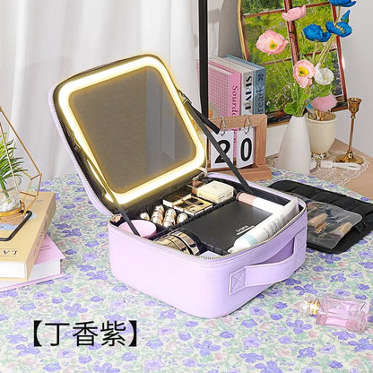 New LED Lighted Cosmetic Case with Mirror Waterproof PU Leather Portable Travel Makeup Storage Bags