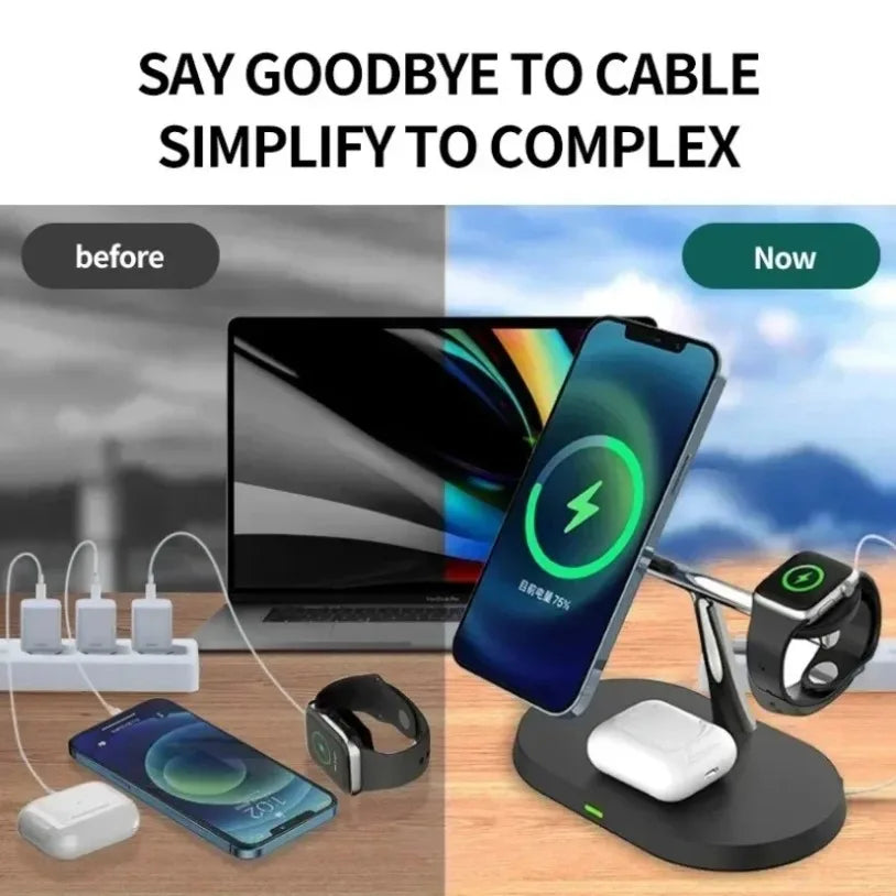 Magnetic 3-in-1 Wireless Charger 15W Fast Charging Stand for Smartphone, Smartwatch & Wireless Earbuds Portable Desktop