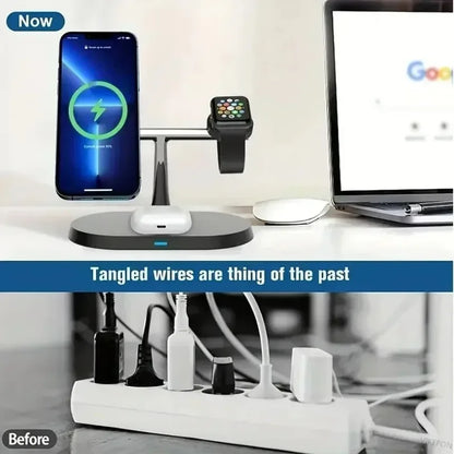 Magnetic 3-in-1 Wireless Charger 15W Fast Charging Stand for Smartphone, Smartwatch & Wireless Earbuds Portable Desktop