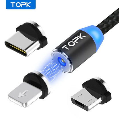 Magnetic Charging Cable 3 IN 1 TOPK 360 Degree Rotating Magnetic Phone Charger Cable Nylon Braided Magnetic Micro USB C Cable