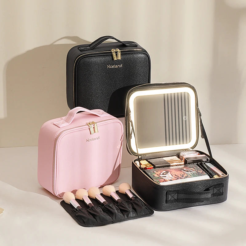 Travel Makeup Bag with LED Lighted Mirror 3 Color Scenarios Adjustable Brightness, with DIY Dividers, Toiletry Makeup Case Gift