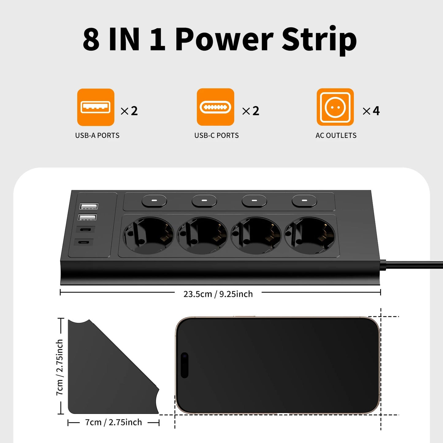 EU desktop corner power strip, a power strip with multiple switches independently controlling the outlets, extension cord power