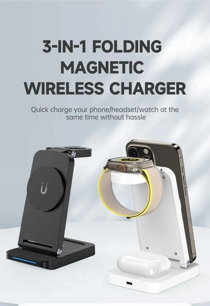 3 in 1 Foldable Magnetic Wireless Charger Stand  For iPhone 15 14 13 12 Pro Max Portable Phone Charging Station DockWrist Watch