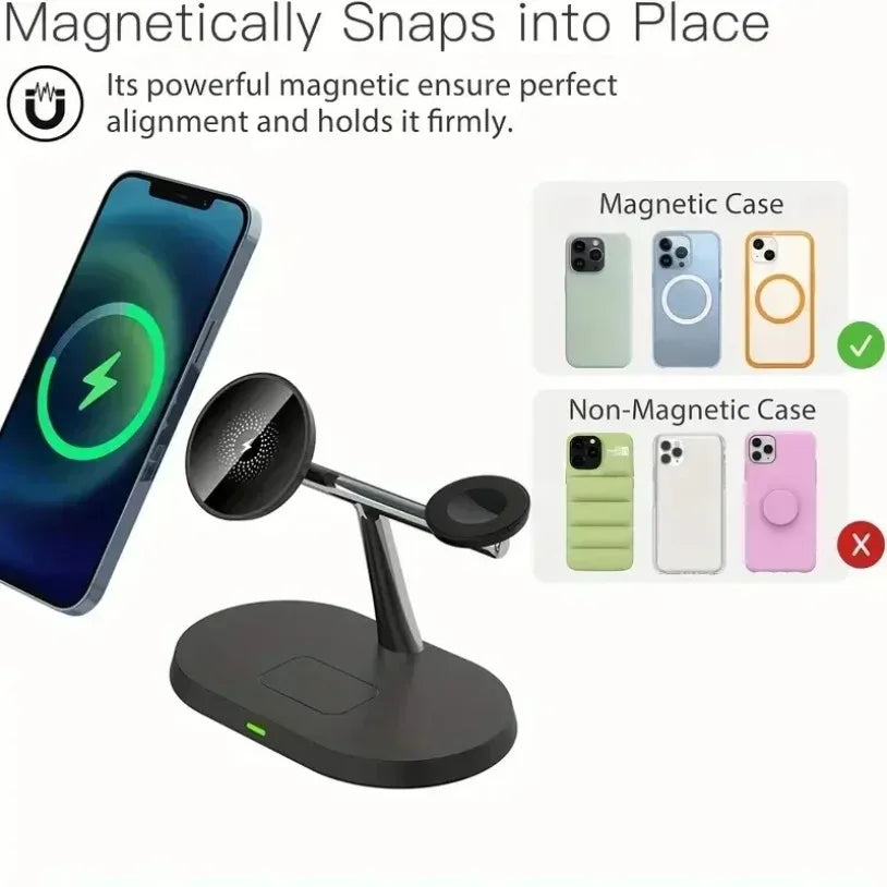 Magnetic 3-in-1 Wireless Charger 15W Fast Charging Stand for Smartphone, Smartwatch & Wireless Earbuds Portable Desktop