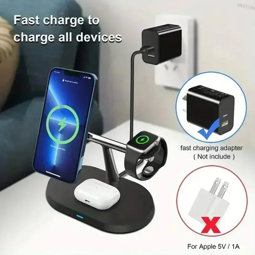 Magnetic 3-in-1 Wireless Charger 15W Fast Charging Stand for Smartphone, Smartwatch & Wireless Earbuds Portable Desktop