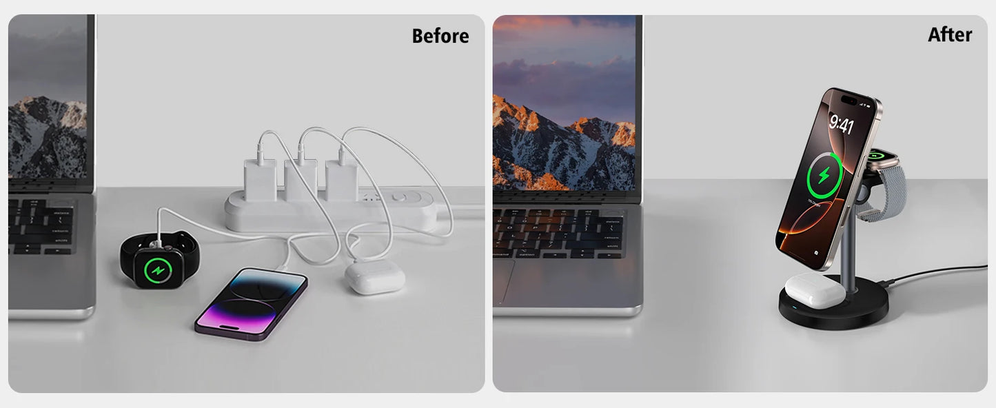 15W Fast Wireless Charger Stand 3-in-1 Magnetic Wireless Charger For iPhone 12-16 Series iWatch And AirPods Adjustable Angle