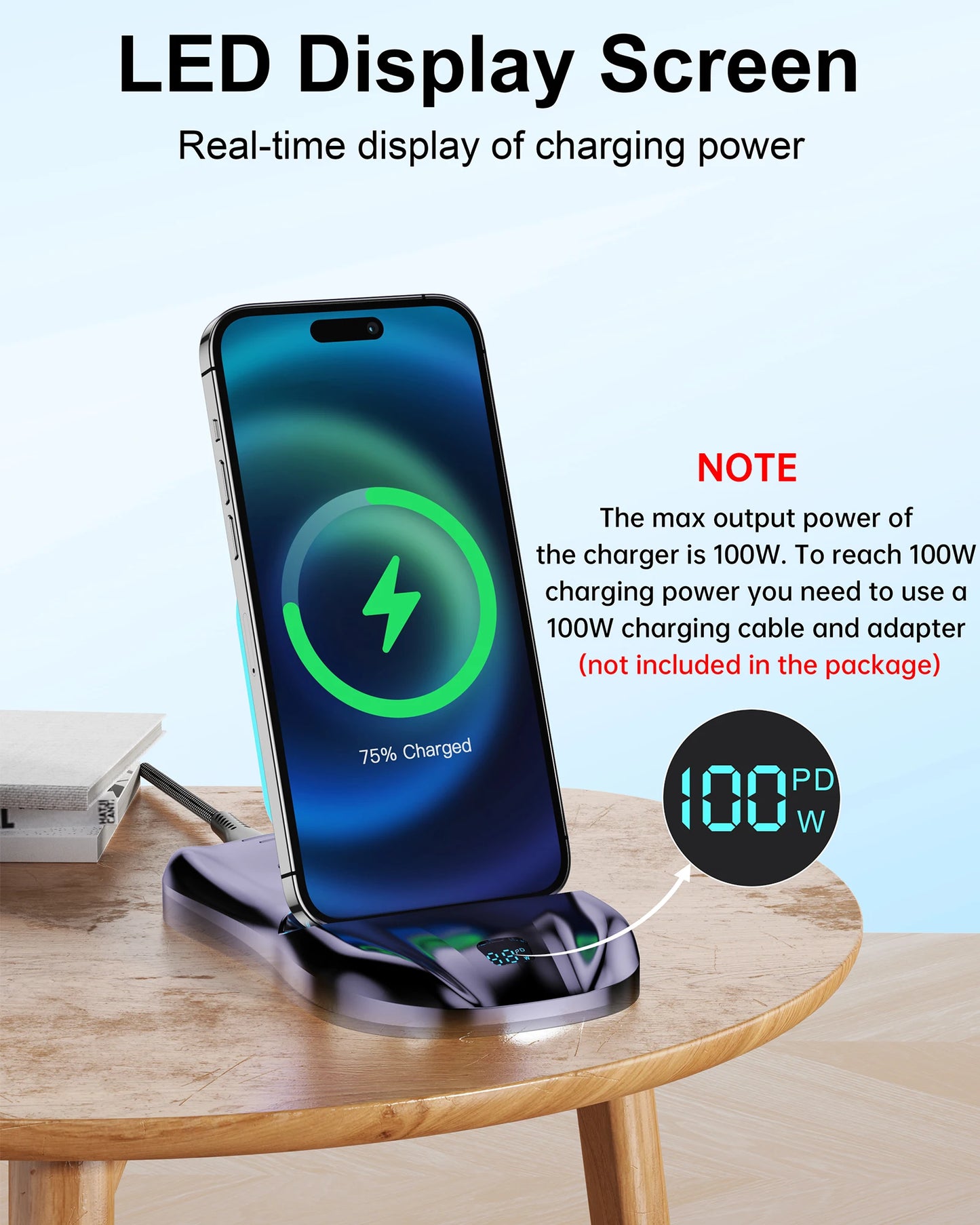 3 in 1 Magnetic Charging Stand 100W Fast Charger Phone Stand with USB-C Lightning Magnetic Charging Cable iPhone Charger airpods