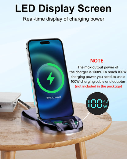 3 in 1 Magnetic Charging Stand 100W Fast Charger Phone Stand with USB-C Lightning Magnetic Charging Cable iPhone Charger airpods