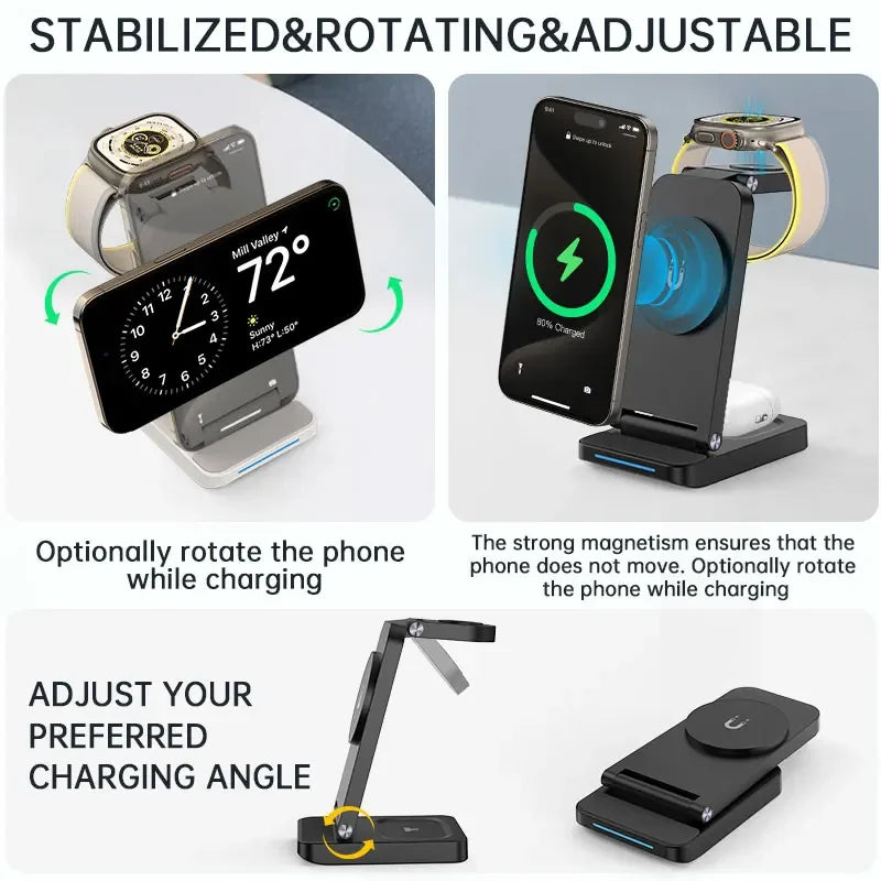 3 in 1 Foldable Magnetic Wireless Charger Stand  For iPhone 15 14 13 12 Pro Max Portable Phone Charging Station DockWrist Watch