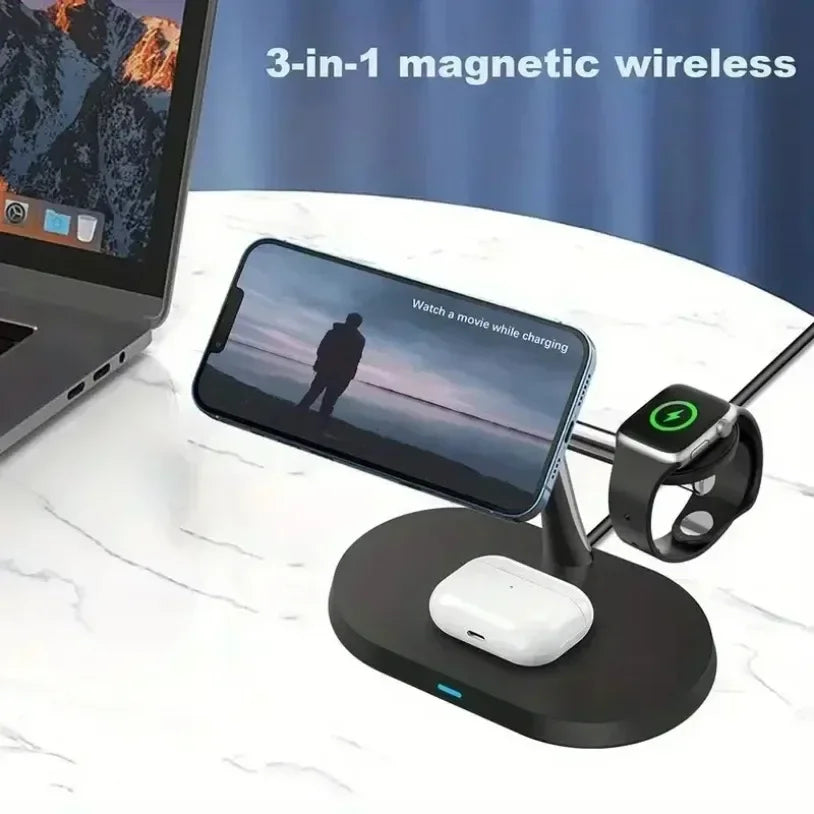 Magnetic 3-in-1 Wireless Charger 15W Fast Charging Stand for Smartphone, Smartwatch & Wireless Earbuds Portable Desktop