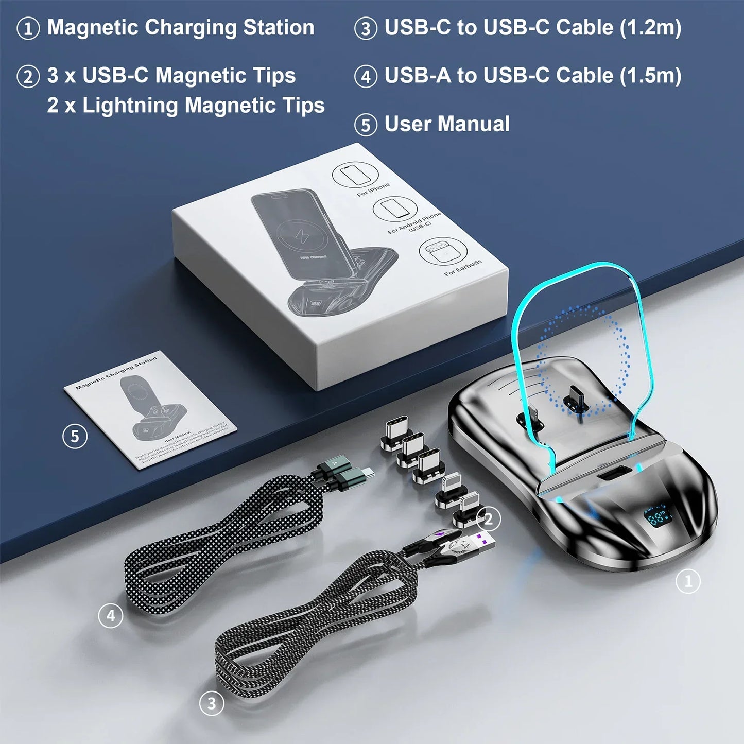 3 in 1 Magnetic Charging Stand 100W Fast Charger Phone Stand with USB-C Lightning Magnetic Charging Cable iPhone Charger airpods