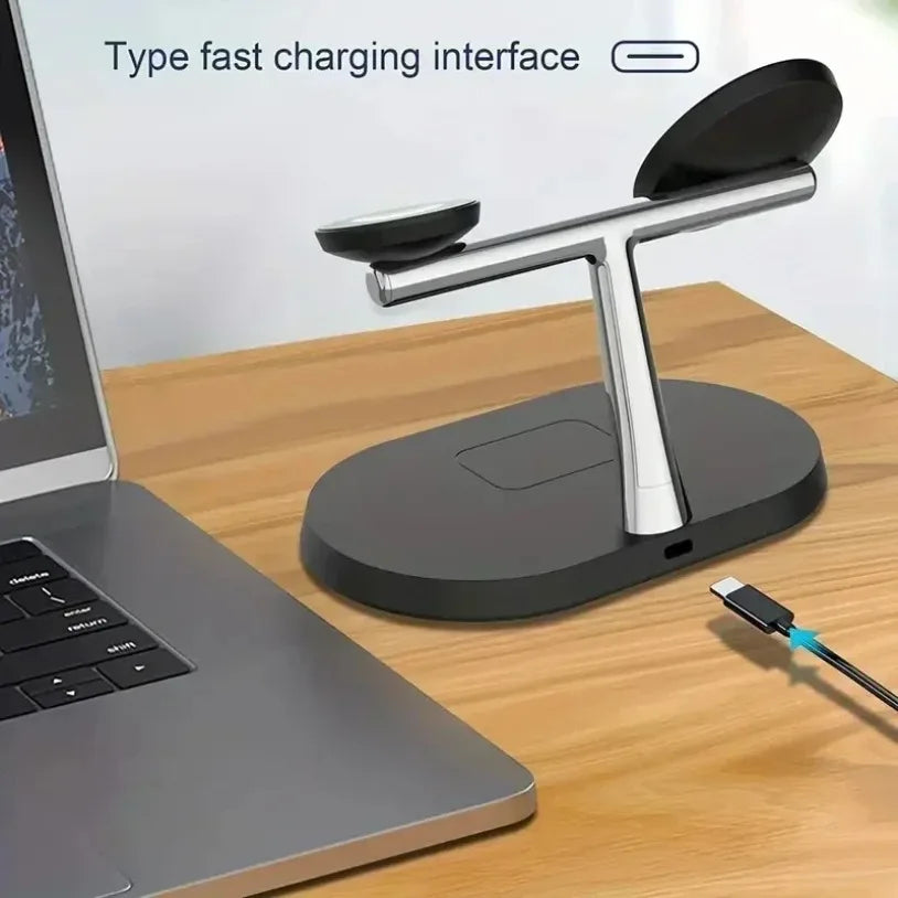 Magnetic 3-in-1 Wireless Charger 15W Fast Charging Stand for Smartphone, Smartwatch & Wireless Earbuds Portable Desktop