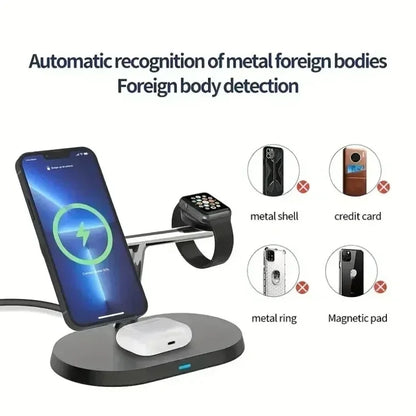 Magnetic 3-in-1 Wireless Charger 15W Fast Charging Stand for Smartphone, Smartwatch & Wireless Earbuds Portable Desktop