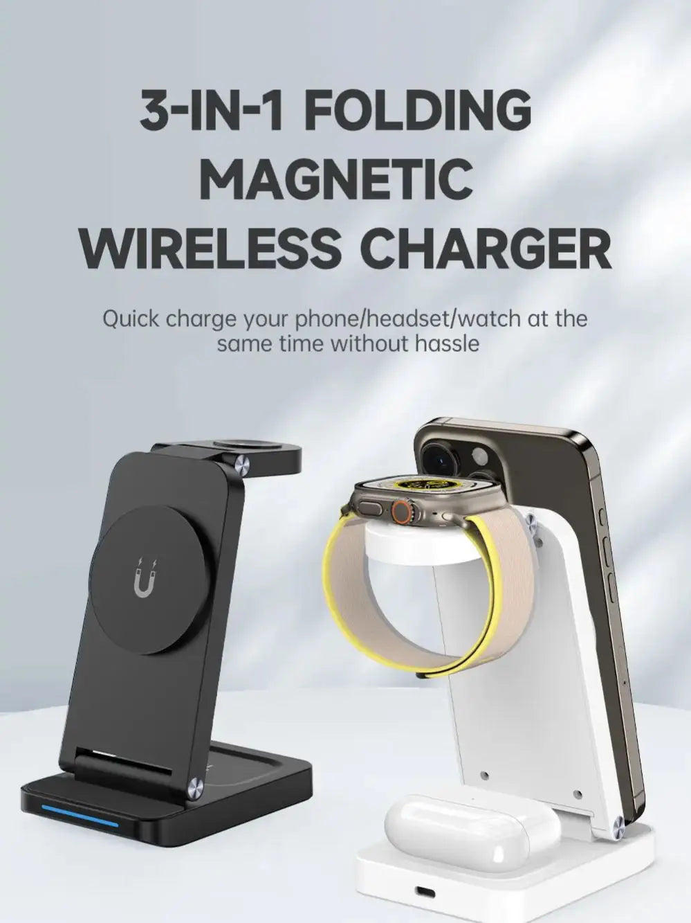 3 in 1 Foldable Magnetic Wireless Charger Stand  For iPhone 15 14 13 12 Pro Max Portable Phone Charging Station DockWrist Watch