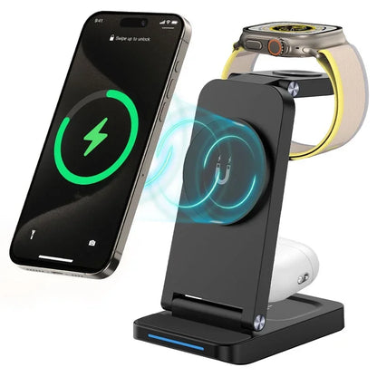 3 in 1 Foldable Magnetic Wireless Charger Stand  For iPhone 15 14 13 12 Pro Max Portable Phone Charging Station DockWrist Watch
